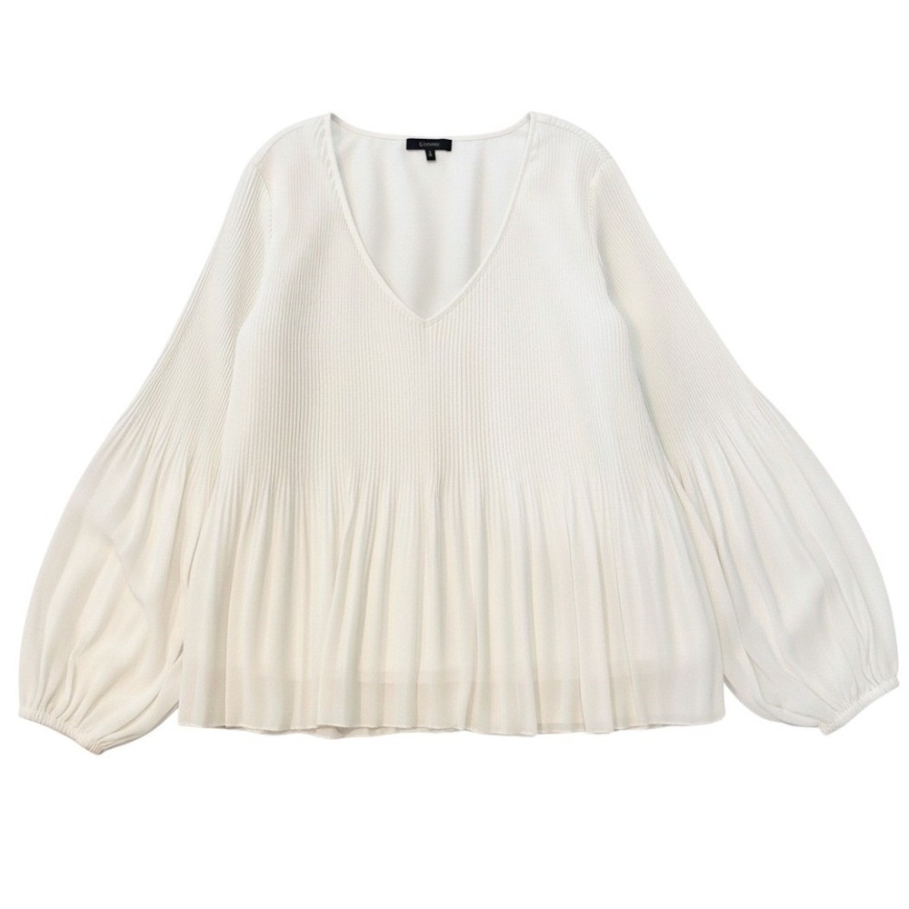 Quince Chiffon Pleated V-Neck Blouse Ivory Size XS Long Sleeve Top